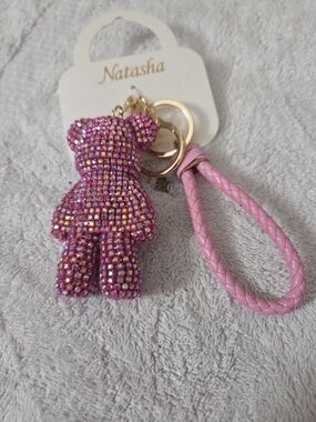 Natasha Couture Pink Crystal Teddy Keyring with Braided Wristlet
